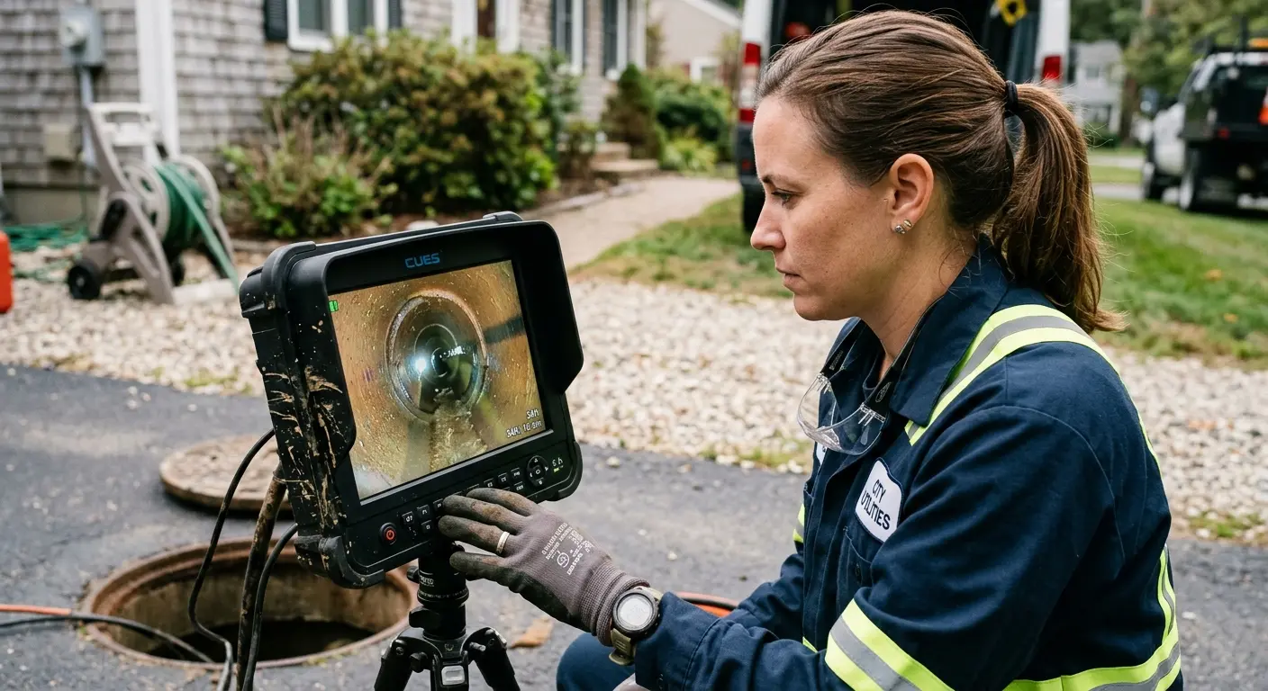 Technician reviewing sewer camera inspection footage in Oakland