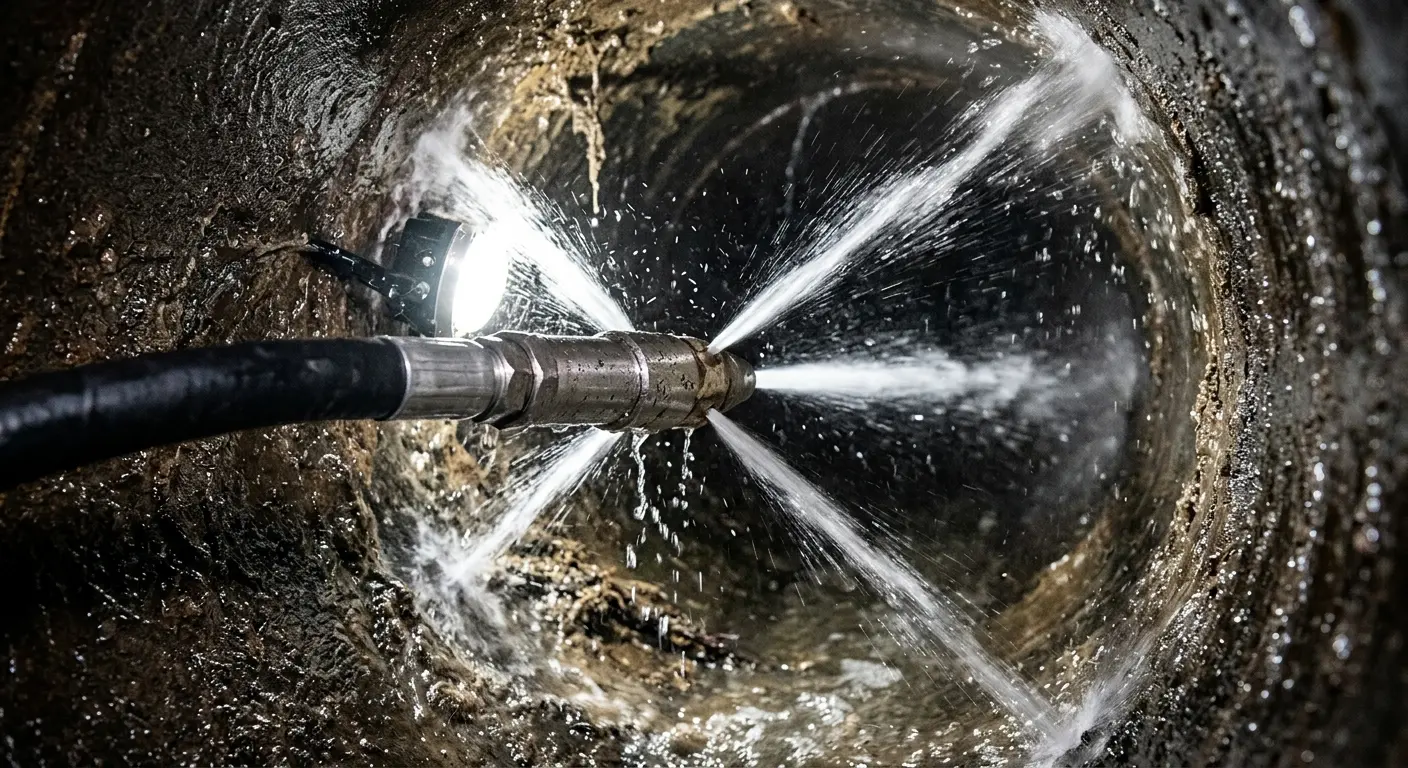 High-pressure hydro jetting nozzle cleaning sewer pipe for Trenchless Sewer Repair in Oakland